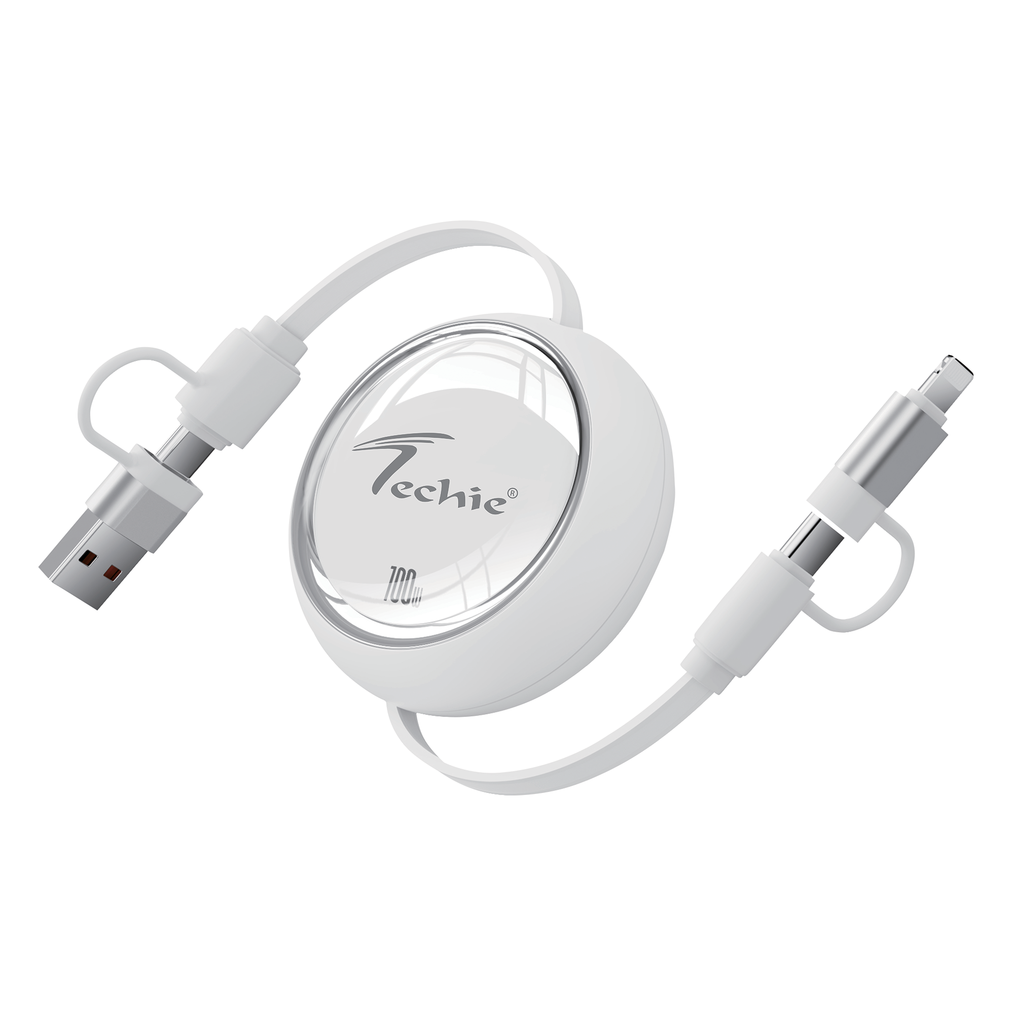 Techie 4-in-1 100W Retractable Charging Cable (White)